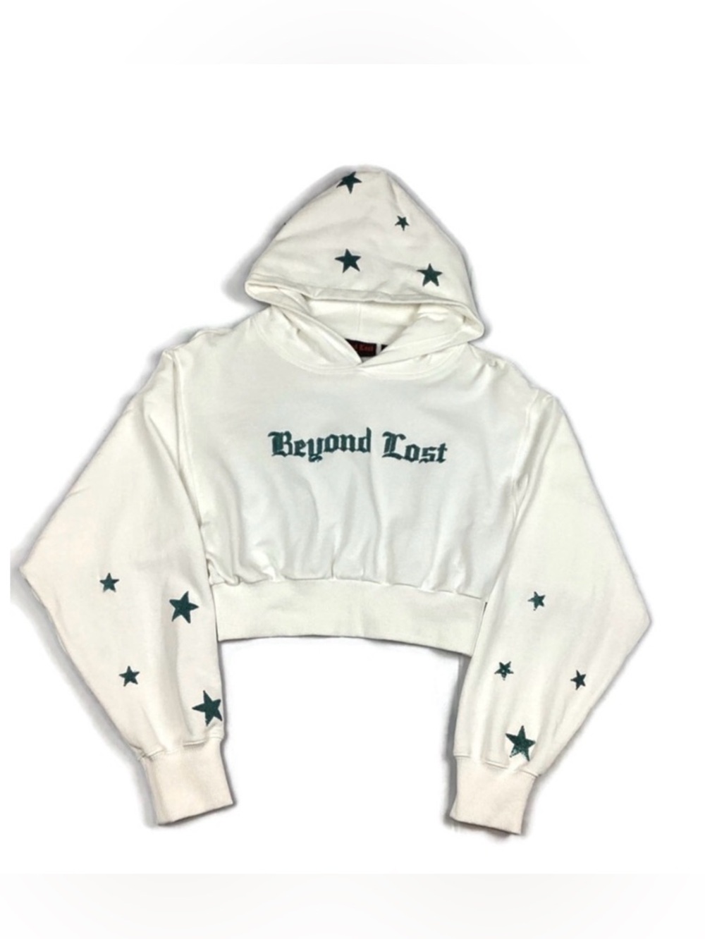 Beyond Lost NYC White Crop Pullover Hoodie with Coastal Blue Sequins